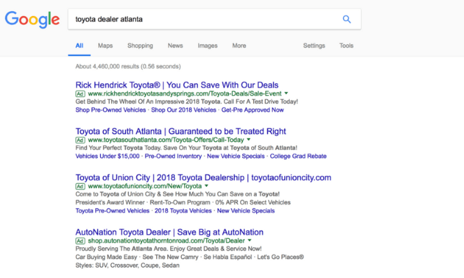 A Google page screenshot displaying the PPC Ads of an automobile company.
